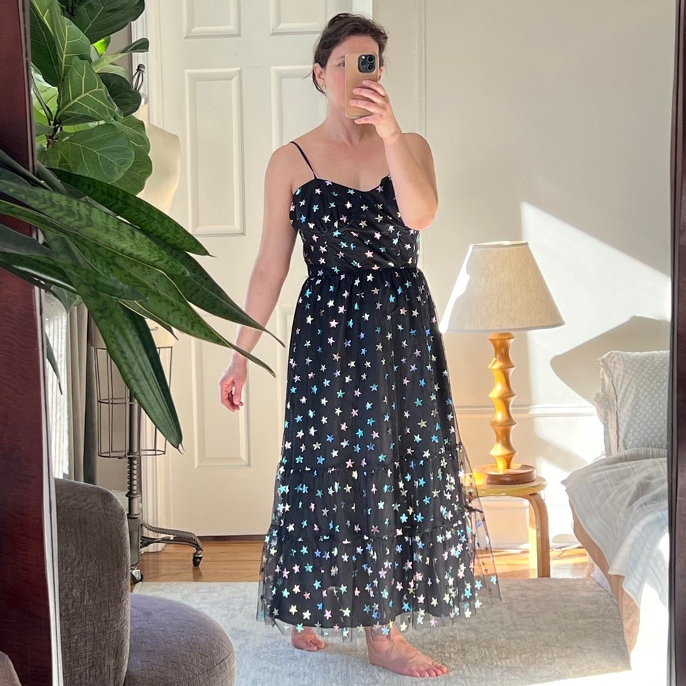 NWT BETSEY JOHNSON Rainbow Star Tiered Mesh Midi Dress